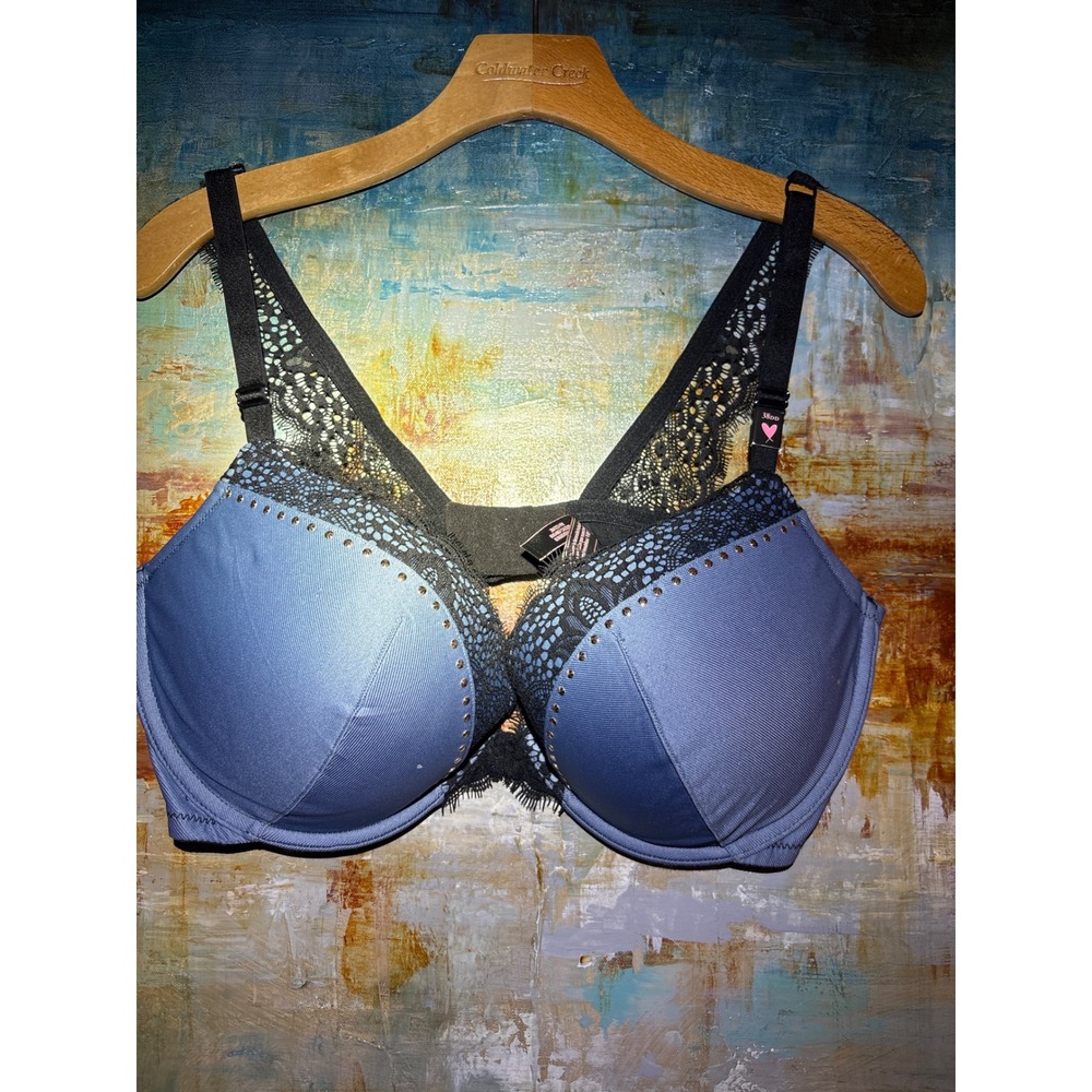 Victoria's Secret Very Sexy Push Up Bra 38DD Blue Black Lace Studded Plunge